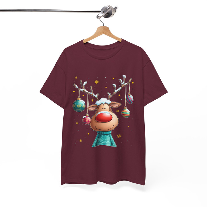 Cute Reindeer Christmas Shirt, Cartoon Rudolph With Ornaments T-Shirt S-5XL