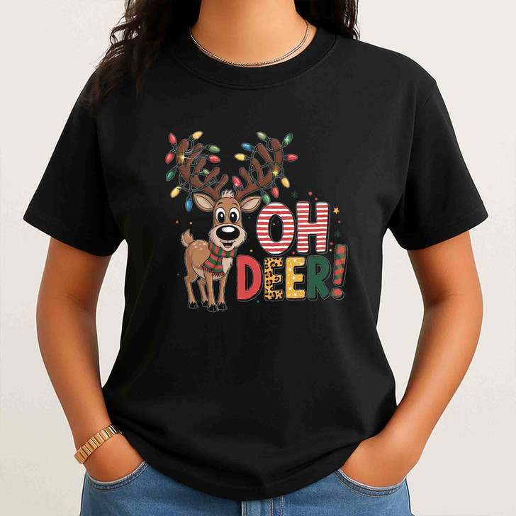 Oh Deer Christmas Shirt, Cute Reindeer With Lights Funny T-Shirt S-5XL
