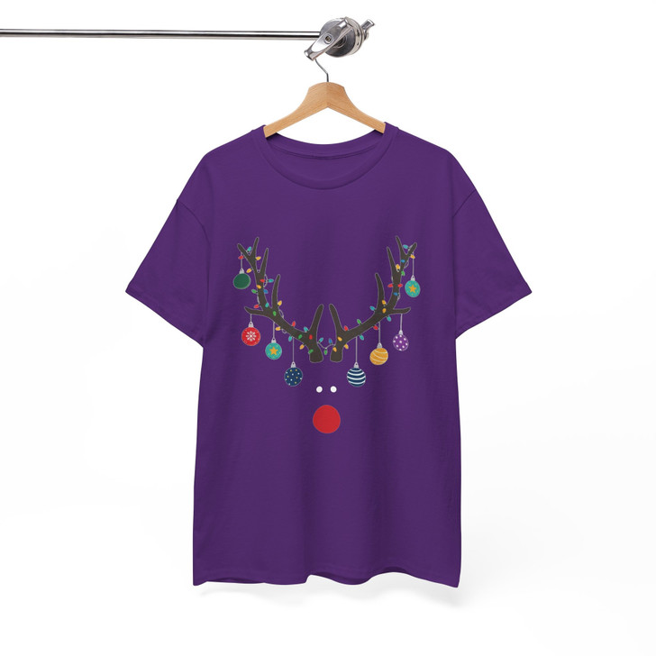 Minimal Reindeer Christmas Shirt, Red Nose Antlers Ornament T-Shirt S-5XL