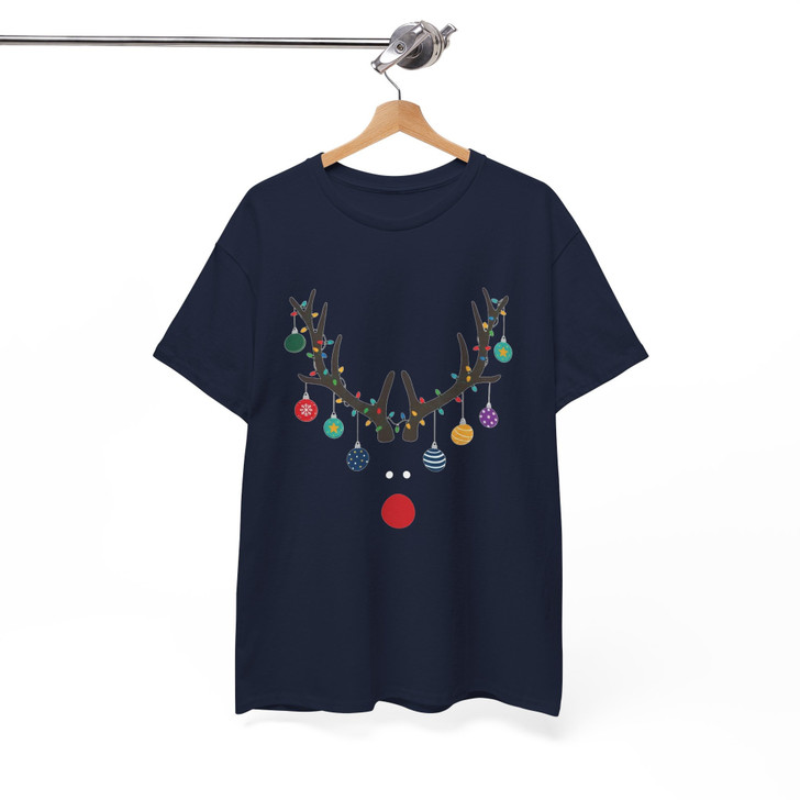 Minimal Reindeer Christmas Shirt, Red Nose Antlers Ornament T-Shirt S-5XL