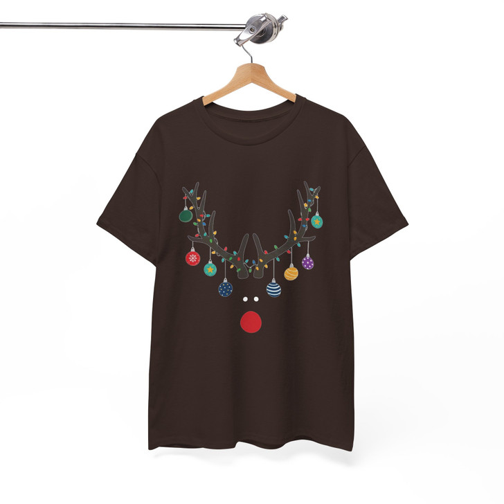 Minimal Reindeer Christmas Shirt, Red Nose Antlers Ornament T-Shirt S-5XL