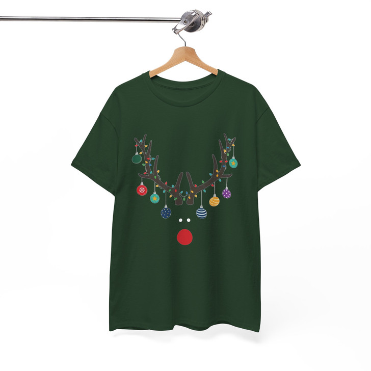Minimal Reindeer Christmas Shirt, Red Nose Antlers Ornament T-Shirt S-5XL