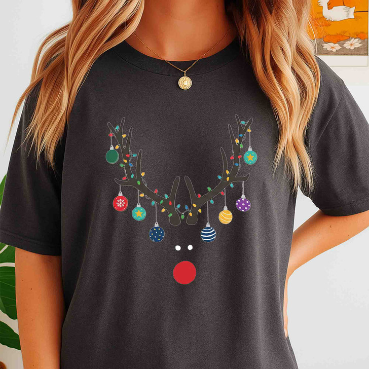 Minimal Reindeer Christmas Shirt, Red Nose Antlers Ornament T-Shirt S-5XL