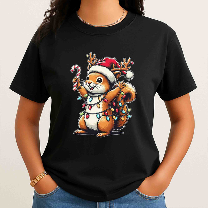 Cute Christmas Squirrel Shirt, Funny Santa Squirrel Graphic T-Shirt S-5XL