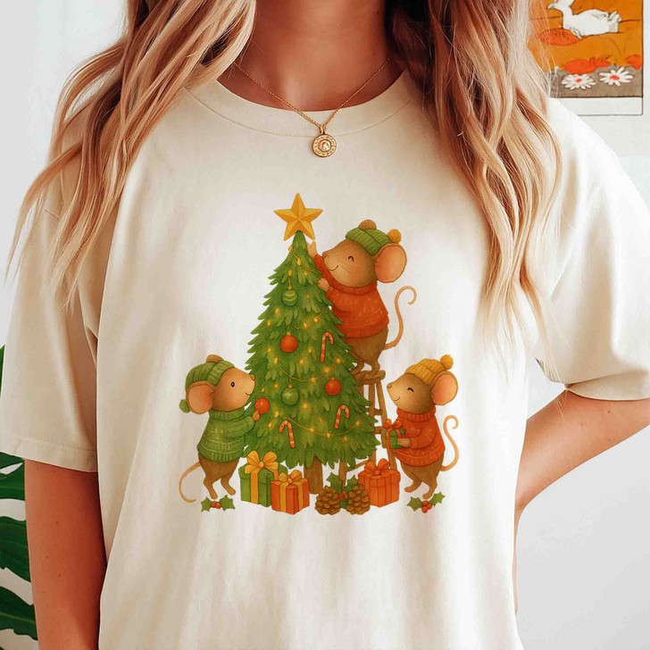 Cute Christmas Mouse Shirt, Mouse Decorating Tree Whimsical Holiday T-Shirt S-5XL
