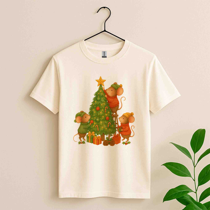 Cute Christmas Mouse Shirt, Mouse Decorating Tree Whimsical Holiday T-Shirt S-5XL