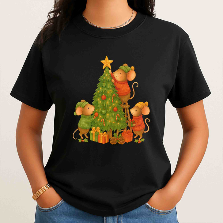 Cute Christmas Mouse Shirt, Mouse Decorating Tree Whimsical Holiday T-Shirt S-5XL