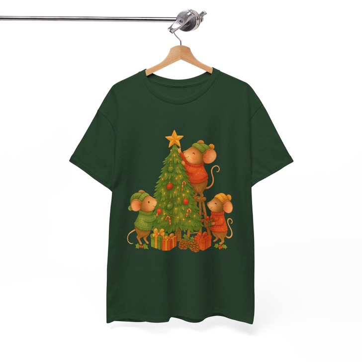 Cute Christmas Mouse Shirt, Mouse Decorating Tree Whimsical Holiday T-Shirt S-5XL