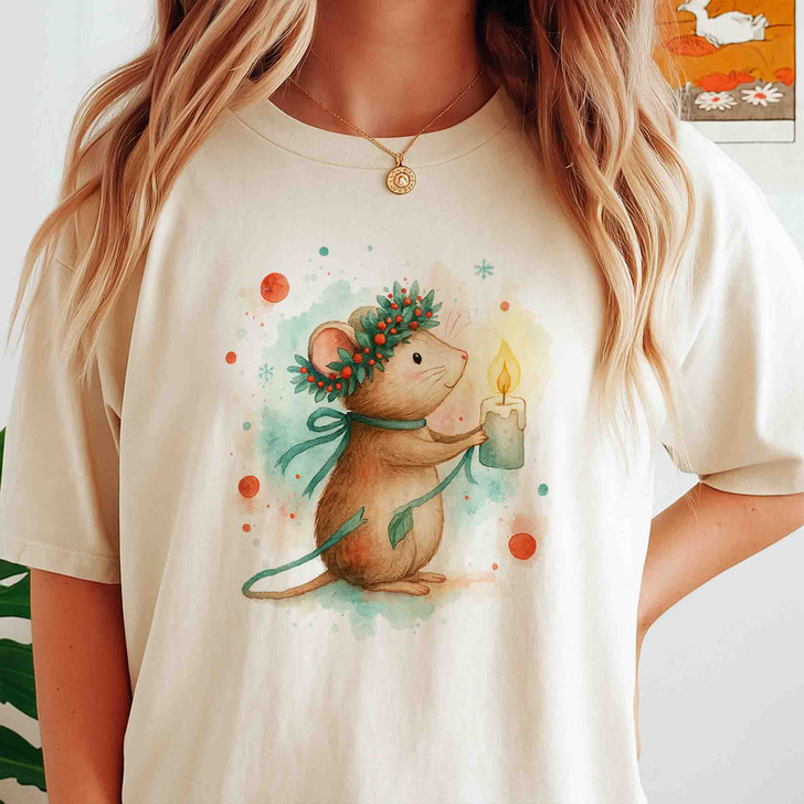 Cute Christmas Mouse T-Shirt, Watercolor Mouse Candle Tee, Cozy Holiday Animal Shirt T-shirt S-5XL