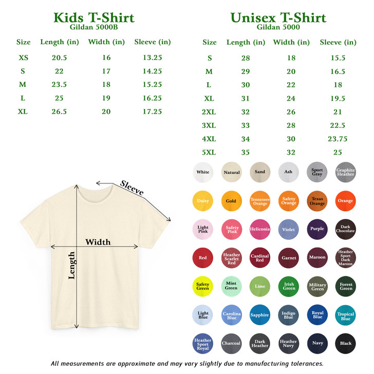 T-shirt Color and Size Chart