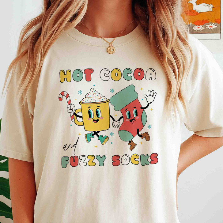 Hot Cocoa and Fuzzy Socks Shirt, Cute Winter Cartoon Tee, Cozy Christmas Hot Chocolate Shirt, Holiday Gift T-shirt S-5XL