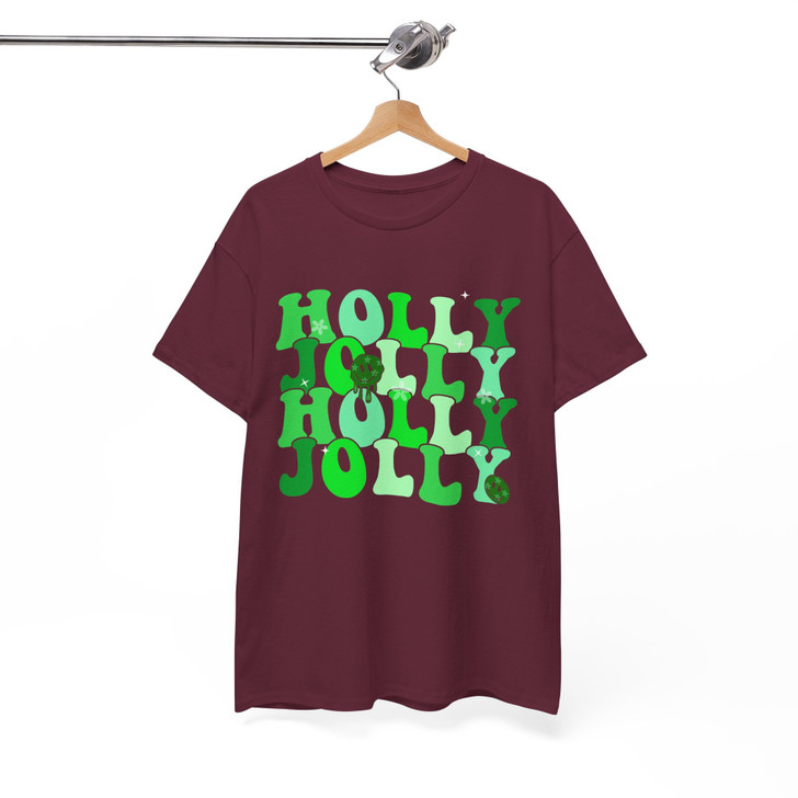 Holly Jolly Shirt, Retro Christmas Typography Tee, Green Holiday Graphic Shirt, Cute Festive Xmas Gift T-shirt S-5XL
