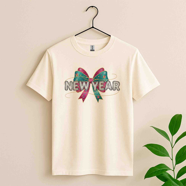 New Year Bow Shirt, Glitter New Year Tee, Sparkle Bow Graphic Shirt, Cute Holiday Party Shirt, Happy New Year Gift T-shirt S-5XL