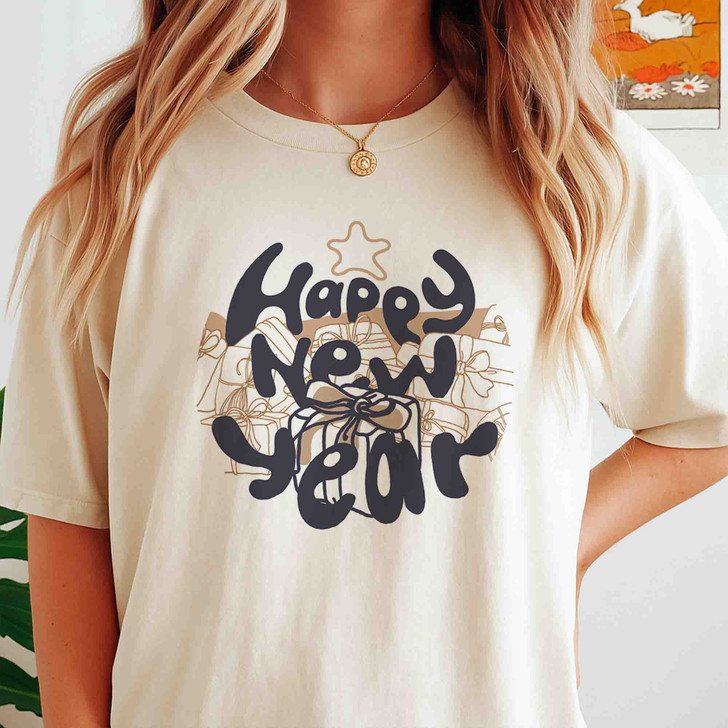 Happy New Year Shirt, Minimal New Year Tee, Gift Box Graphic Shirt, Holiday Celebration T Shirt, Cozy Neutral New Year Gift Unisex Tee
