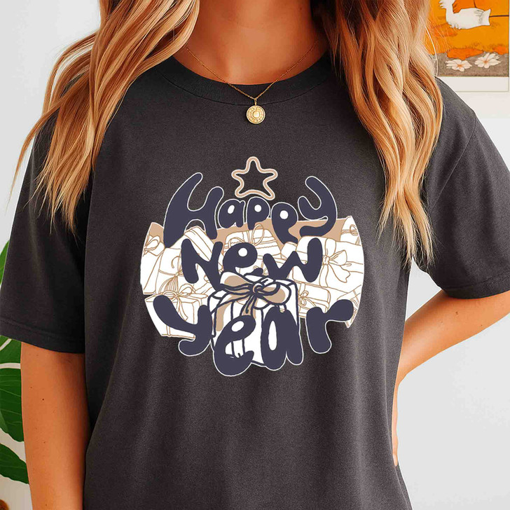Happy New Year Shirt, Minimal New Year Tee, Gift Box Graphic Shirt, Holiday Celebration T Shirt, Cozy Neutral New Year Gift Unisex Tee