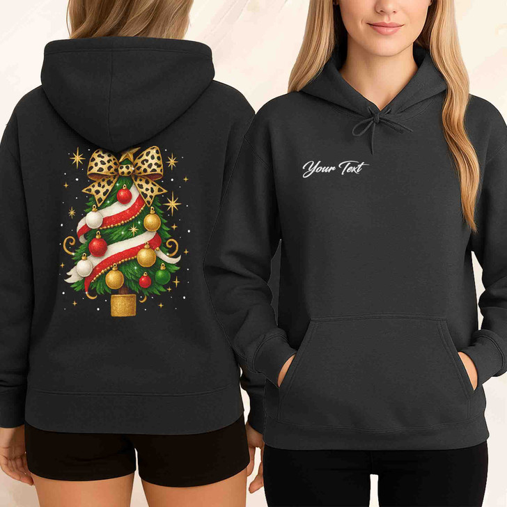 Leopard Bow Christmas Tree T Shirt, Glam Holiday Graphic Tee, Trendy Unisex Christmas Hoodie S-5XL