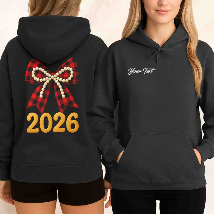 2026 Plaid Bow Shirt, Red Buffalo Check Bow Tee, Pearl Bow New Year 2026 Hoodie S-5XL