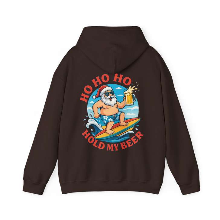 Funny Santa Surfing Shirt, Ho Ho Ho Hold My Beer Xmas Hoodie S-5XL