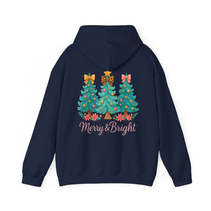 Merry And Bright Christmas Shirt, Three Trees Bow Cute Xmas Graphic Hoodie S-5XL