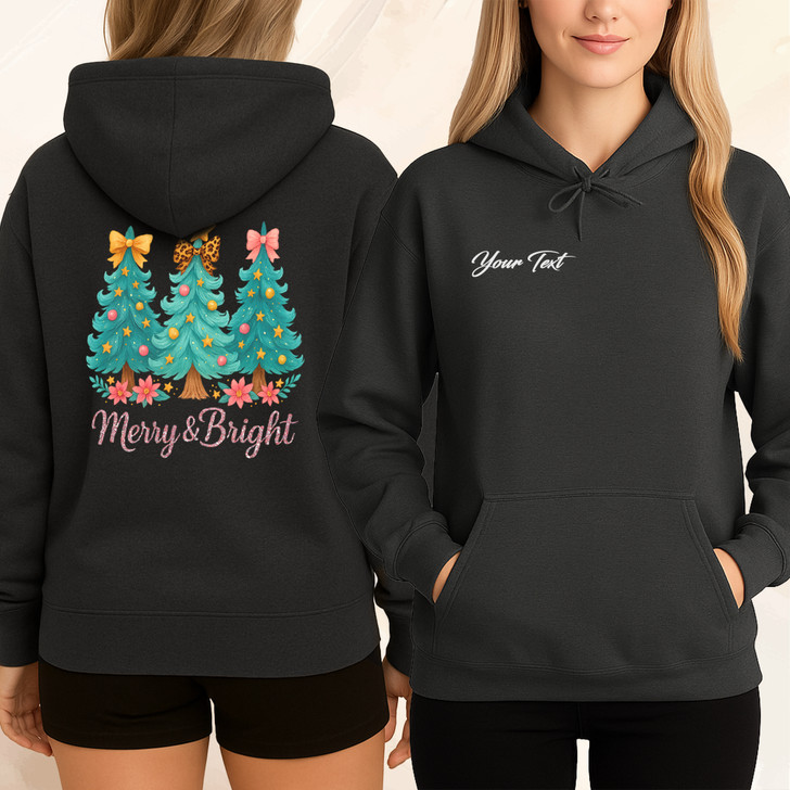 Merry And Bright Christmas Shirt, Three Trees Bow Cute Xmas Graphic Hoodie S-5XL