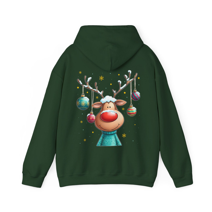 Cute Reindeer Christmas Shirt, Cartoon Rudolph With Ornaments Hoodie S-5XL