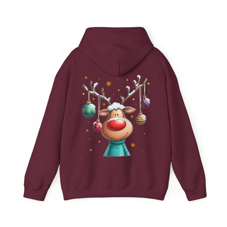 Cute Reindeer Christmas Shirt, Cartoon Rudolph With Ornaments Hoodie S-5XL