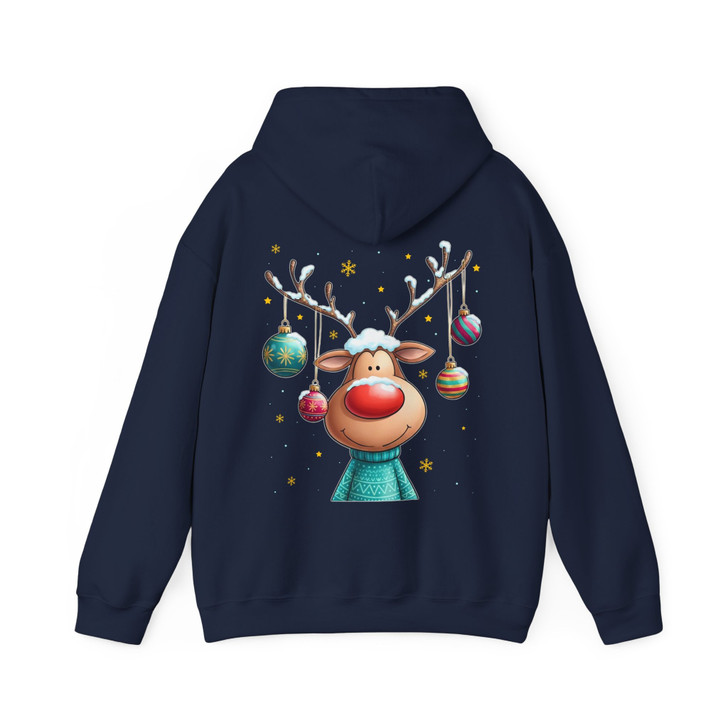 Cute Reindeer Christmas Shirt, Cartoon Rudolph With Ornaments Hoodie S-5XL