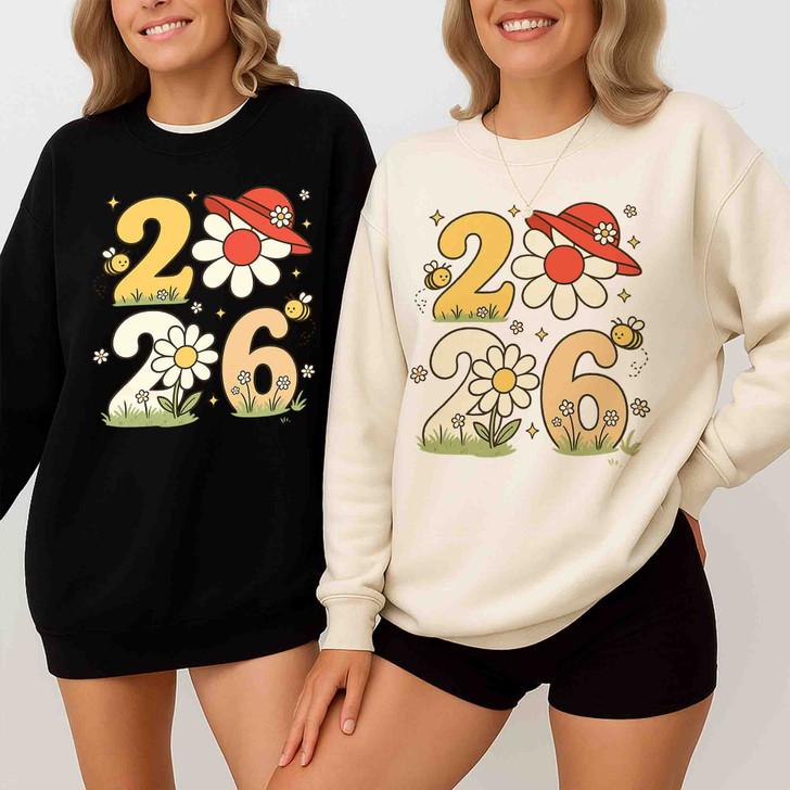 Hello 2026 Floral Bee T Shirt, New Year Flower Graphic Tee, Cute Retro Unisex Sweatshirt S-5XL