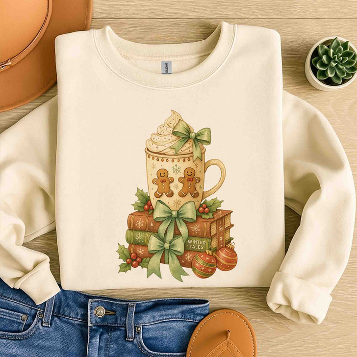 Gingerbread Hot Cocoa Christmas T Shirt, Cozy Book Lover Holiday Graphic Tee, Winter Unisex Sweatshirt S-5XL