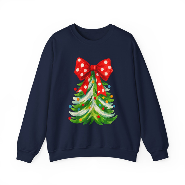 Polka Dot Bow Christmas Tree Shirt, Cute Holiday Graphic Tee, Festive Unisex Christmas Sweatshirt S-5XL