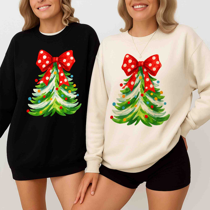 Polka Dot Bow Christmas Tree Shirt, Cute Holiday Graphic Tee, Festive Unisex Christmas Sweatshirt S-5XL