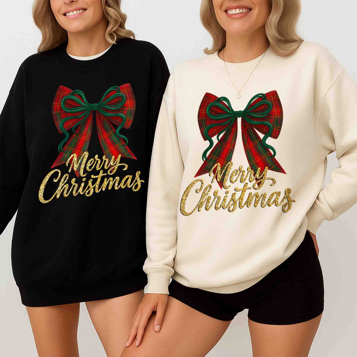 Plaid Bow Merry Christmas Shirt, Red Green Bow Holiday Tee, Festive Glitter Christmas Sweatshirt S-5XL