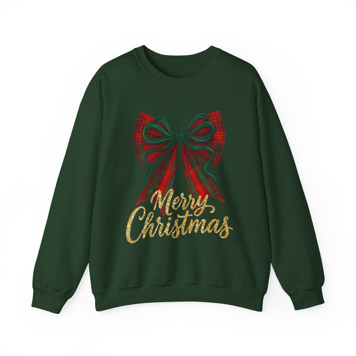 Plaid Bow Merry Christmas Shirt, Red Green Bow Holiday Tee, Festive Glitter Christmas Sweatshirt S-5XL