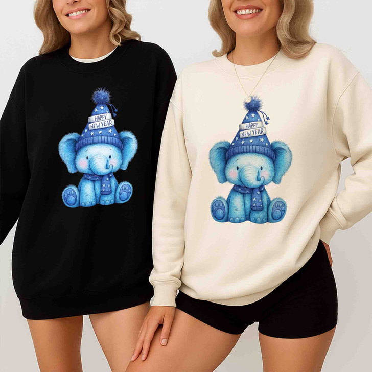 Cute Elephant Happy New Year Shirt, Blue Winter Animal Tee, New Year Gift Unisex Sweatshirt S-5XL