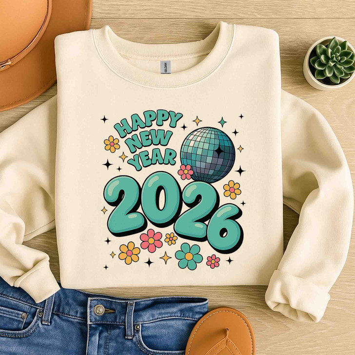 Happy New Year 2026 Shirt, Retro Disco Ball New Year Tee, Cute Floral Celebration Sweatshirt S-5XL