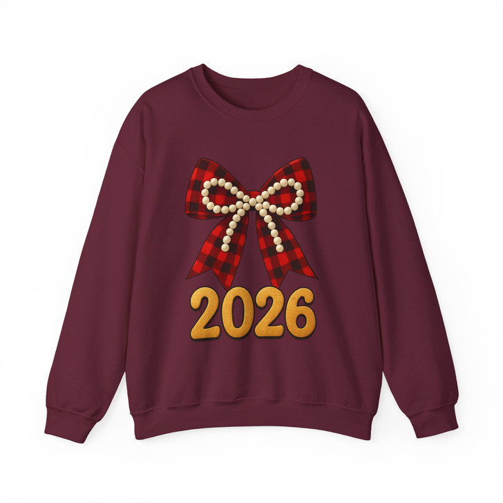 2026 Plaid Bow Shirt, Red Buffalo Check Bow Tee, Pearl Bow New Year 2026 Sweatshirt S-5XL