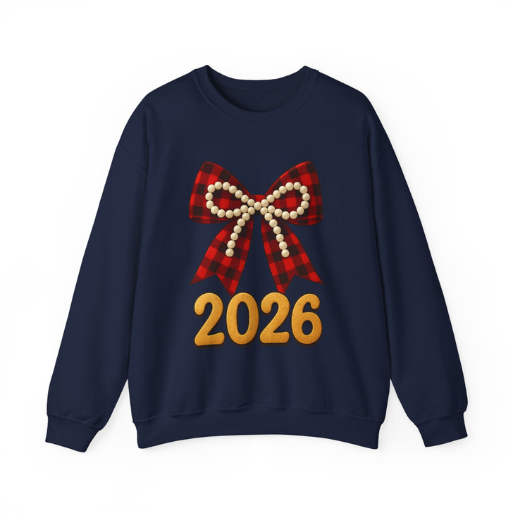 2026 Plaid Bow Shirt, Red Buffalo Check Bow Tee, Pearl Bow New Year 2026 Sweatshirt S-5XL