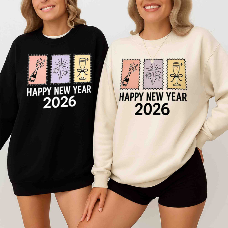 Happy New Year 2026 Shirt, Minimal Icon New Year Tee, Champagne Fireworks Celebration Sweatshirt S-5XL
