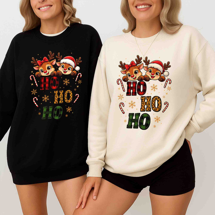 Ho Ho Ho Reindeer Christmas Shirt, Cute Funny Xmas Graphic Sweatshirt S-5XL