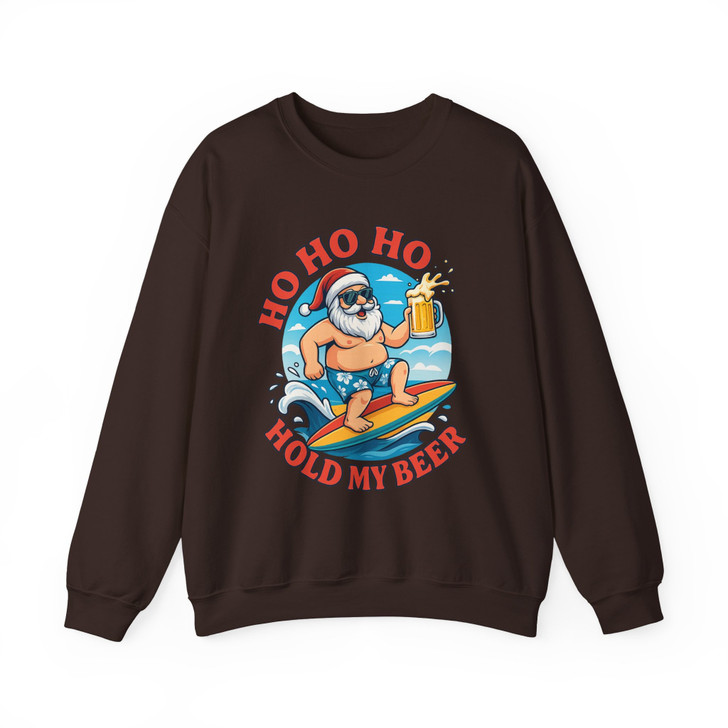 Funny Santa Surfing Shirt, Ho Ho Ho Hold My Beer Xmas Sweatshirt S-5XL