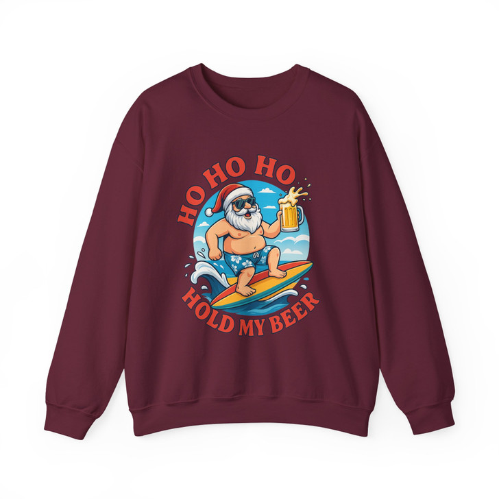 Funny Santa Surfing Shirt, Ho Ho Ho Hold My Beer Xmas Sweatshirt S-5XL