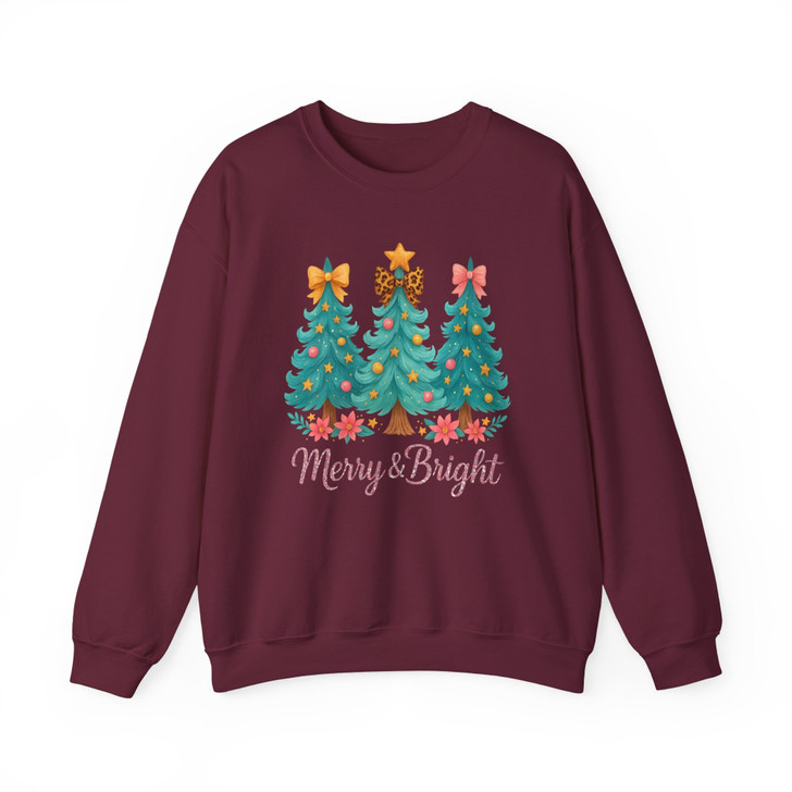 Merry And Bright Christmas Shirt, Three Trees Bow Cute Xmas Graphic Sweatshirt S-5XL