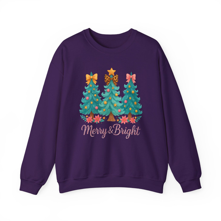 Merry And Bright Christmas Shirt, Three Trees Bow Cute Xmas Graphic Sweatshirt S-5XL