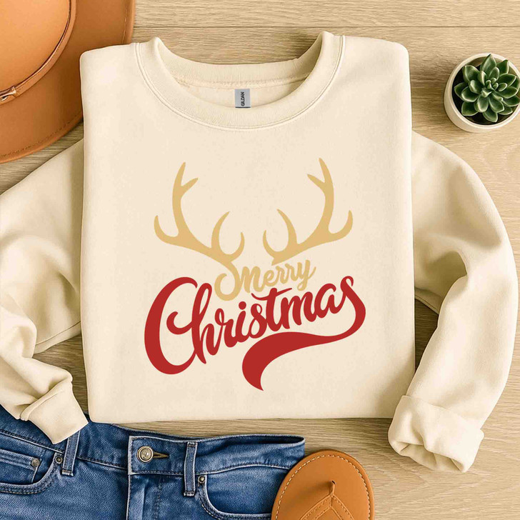 Merry Christmas Shirt, Reindeer Antlers Typography Holiday Sweatshirt S-5XL