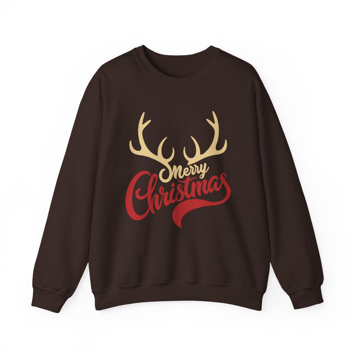 Merry Christmas Shirt, Reindeer Antlers Typography Holiday Sweatshirt S-5XL