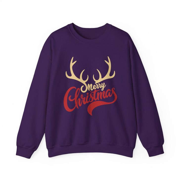 Merry Christmas Shirt, Reindeer Antlers Typography Holiday Sweatshirt S-5XL