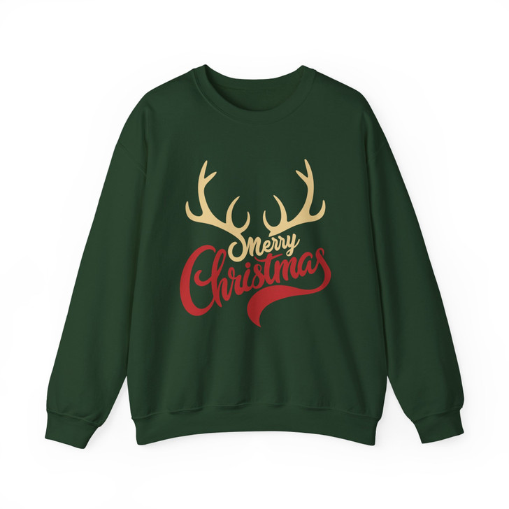 Merry Christmas Shirt, Reindeer Antlers Typography Holiday Sweatshirt S-5XL