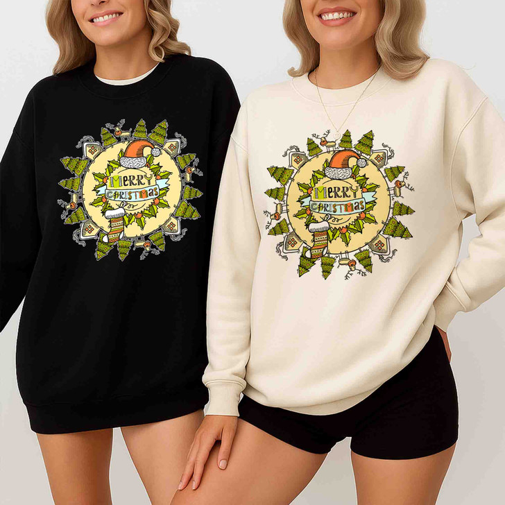 Merry Christmas Vintage Shirt, Holiday Wreath Tree Festive Sweatshirt S-5XL