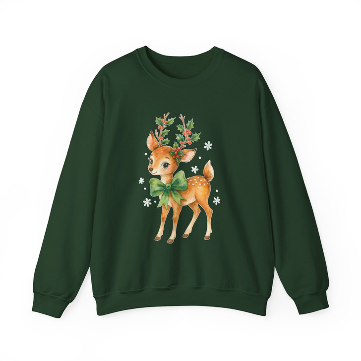 Cute Christmas Deer Shirt Watercolor Reindeer Bow Holiday Xmas Graphic Sweatshirt S-5XL