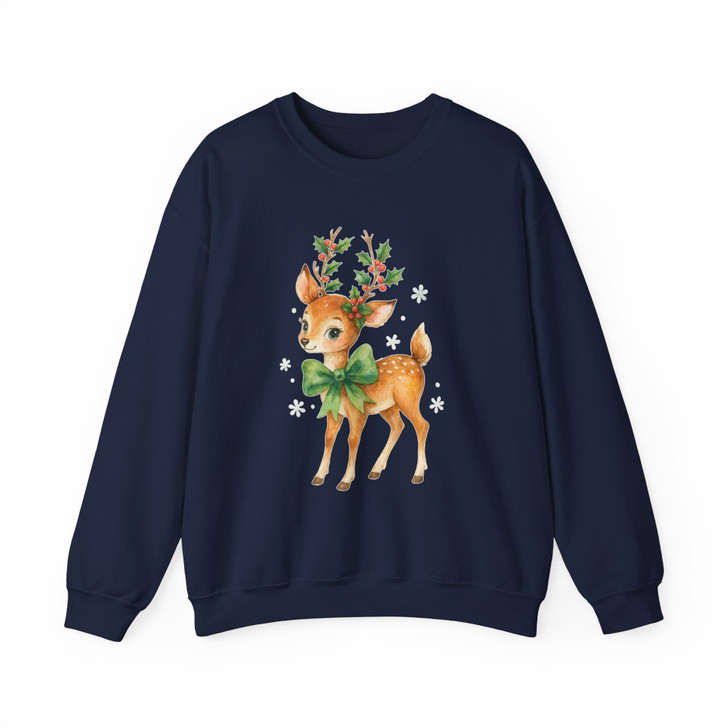 Cute Christmas Deer Shirt Watercolor Reindeer Bow Holiday Xmas Graphic Sweatshirt S-5XL